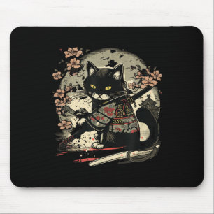 Japanese Samurai Cat Tattoo, Vintage Kawaii Ninja  Mouse Pad