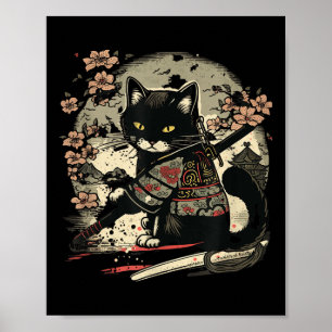 Japanese Samurai Cat Tattoo, Vintage Kawaii Ninja  Poster