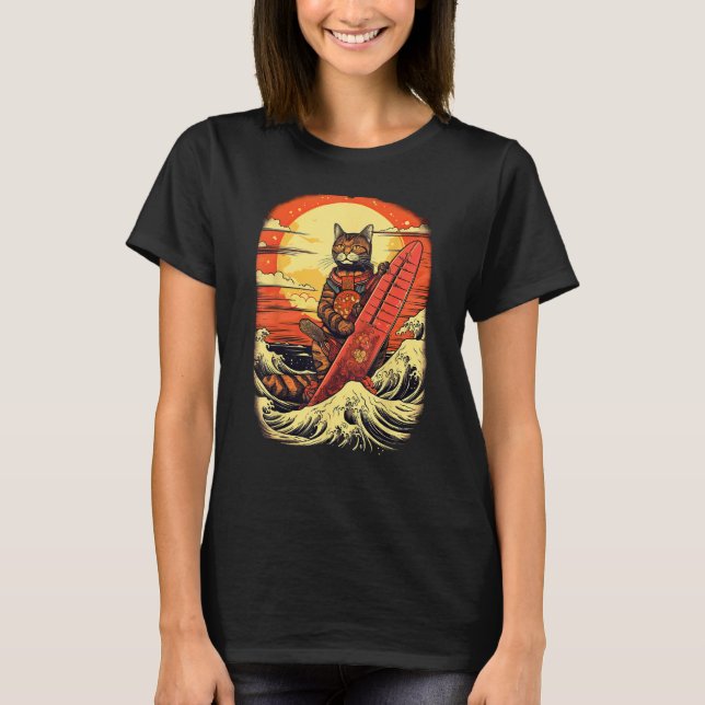 Japanese Samurai Cat with wave & mountain Illustra T-Shirt (Front)