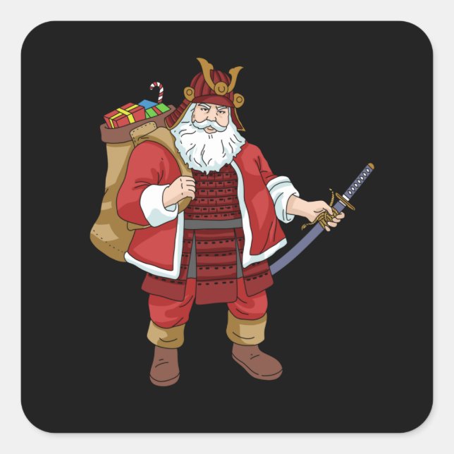 Japanese Samurai Christmas Warrior Santa Claus Square Sticker (Front)