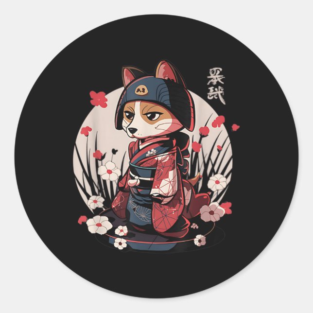 Japanese Samurai Dog Tattoo Kawaii Ninja Dog  Classic Round Sticker (Front)