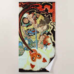 Japanese Samurai fighting giant white monkey Beach Towel