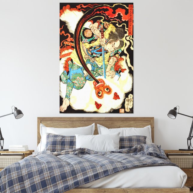Japanese Samurai fighting monkey Canvas Print (Insitu(Bedroom))