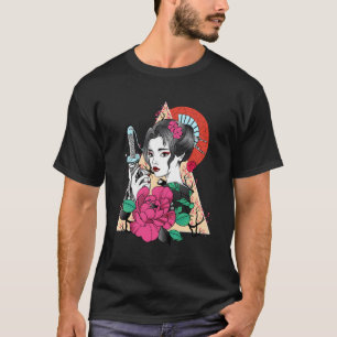 Japanese Samurai Girl Hannya Cherry Blossom Flower T-Shirt