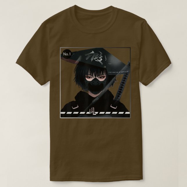 Japanese Samurai Girl In Black Aesthetic Cyborg In T-Shirt (Design Front)