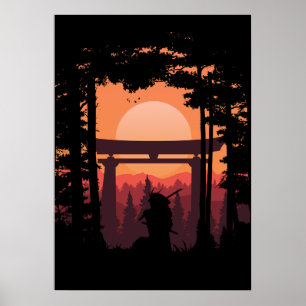 Japanese Samurai In Sunset Poster