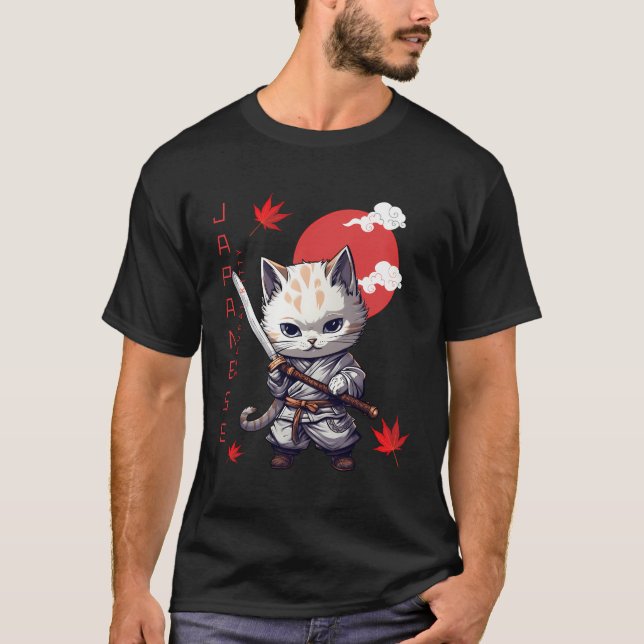 Japanese Samurai Kitty Kawaii Red Sun Ninja Cat Ma T-Shirt (Front)