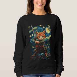 Japanese Samurai Ninja Cat in Starry Night Style Sweatshirt