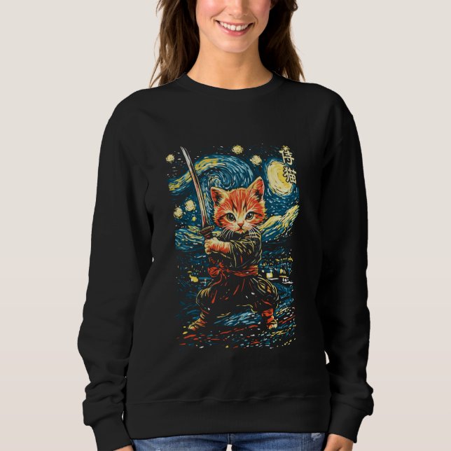 Japanese Samurai Ninja Cat in Starry Night Style Sweatshirt (Front)