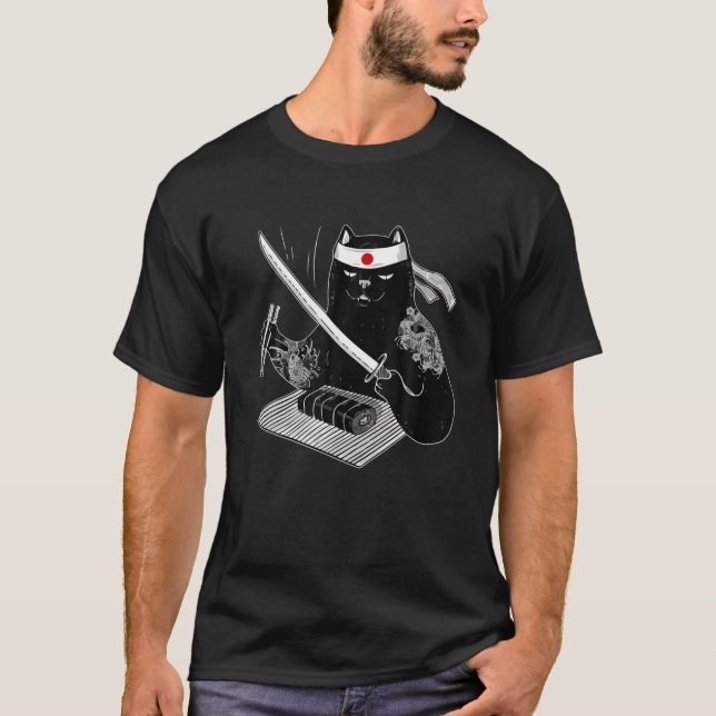 Japanese Samurai Ninja Cat Kawaii Tattoo Men Women T-Shirt (Front)