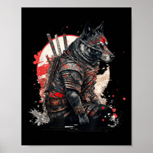 Japanese Samurai Ninja Dog Kawaii Tattoo Graphic  Poster