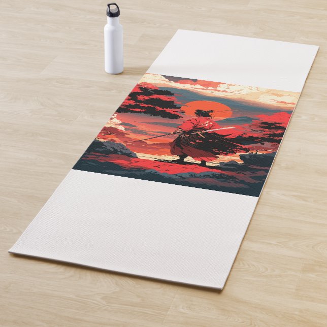 Japanese samurai warrior and retro sunset yoga mat (In Situ)