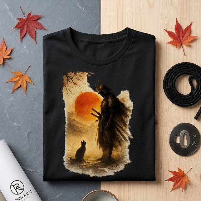 Japanese Samurai Warrior & Black Cat Art T-Shirt (Creator Uploaded)