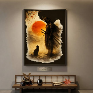Japanese Samurai Warrior & Black Cat Under Blood  Poster