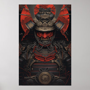 Japanese Samurai Warrior in Red Face Armour Poster