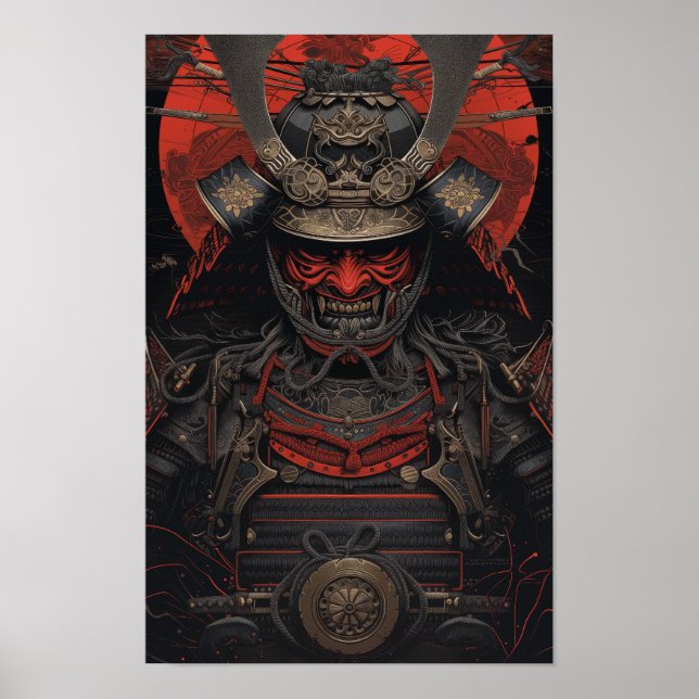 Japanese Samurai Warrior in Red Face Armour Poster (Front)