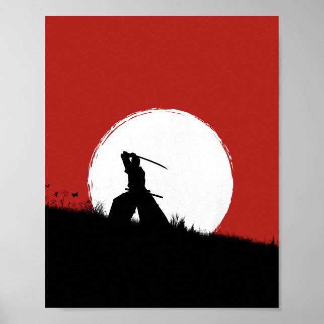 Japanese Samurai Warrior Silhouette Sun Poster Art (Front)