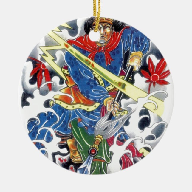 Japanese Samurai with Spear tattoo design Ceramic Tree Decoration (Front)