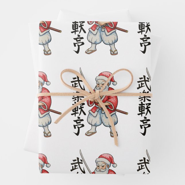 Japanese Santa Samurai Christmas Xmas Holiday Wrapping Paper Sheet (In situ)