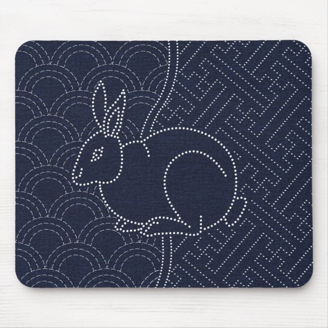 Japanese sashiko rabbit mouse pad (Front)