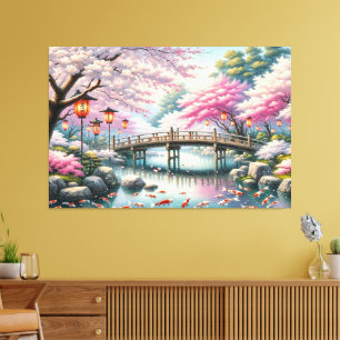 Japanese Scenery with Bridge, Koi and Sakura trees Canvas Print