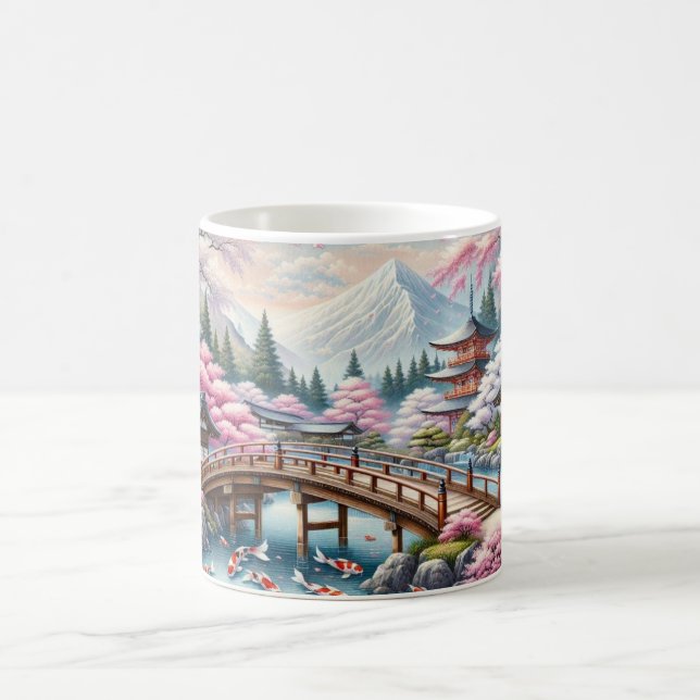 Japanese Scenery with Bridge, Koi and Sakura trees Coffee Mug (Center)