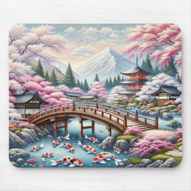 Japanese Scenery with Bridge, Koi and Sakura trees Mouse Pad (Front)