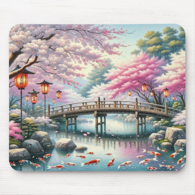 Japanese Scenery with Bridge, Koi and Sakura trees Mouse Pad (Front)