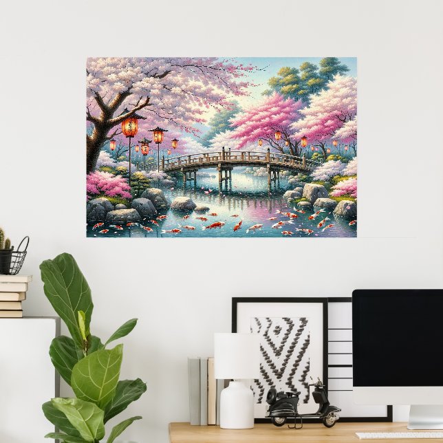 Japanese Scenery with Bridge, Koi and Sakura trees Poster (Home Office)