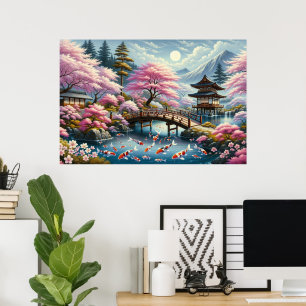 Japanese Scenery with Bridge, Koi and Sakura trees Poster