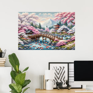 Japanese Scenery with Bridge, Koi and Sakura trees Poster