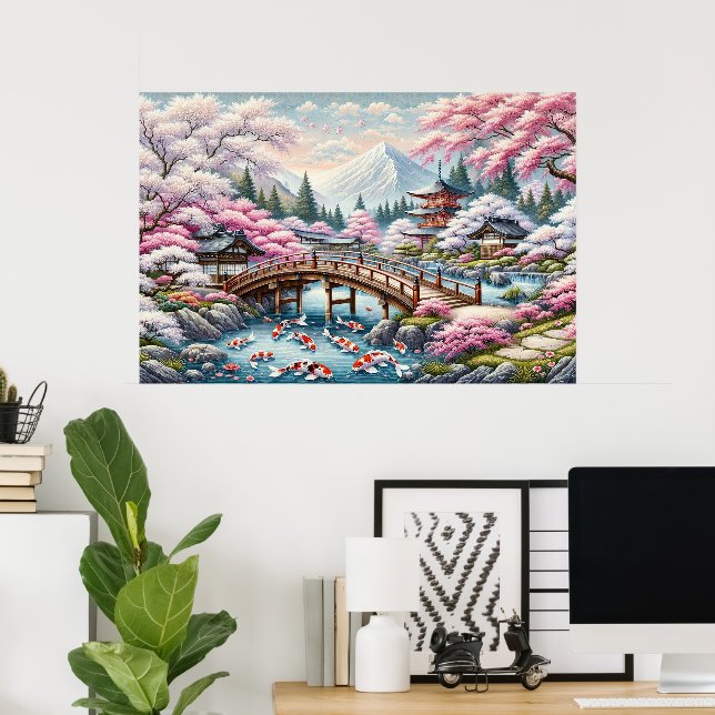Japanese Scenery with Bridge, Koi and Sakura trees Poster (Home Office)