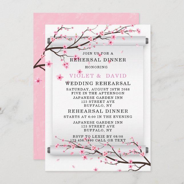 Japanese Scroll Cherry Blossom Rehearsal Dinner Invitation (Front/Back)