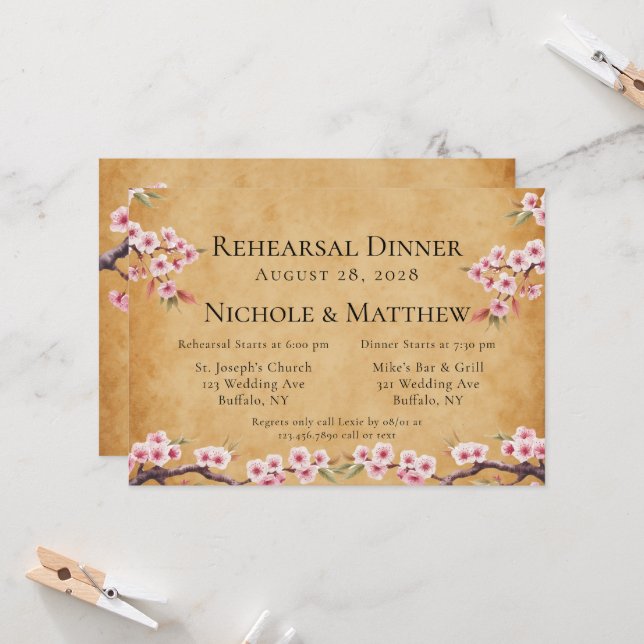 Japanese Scroll Cherry Blossoms Rehearsal Dinner Invitation (Front/Back In Situ)