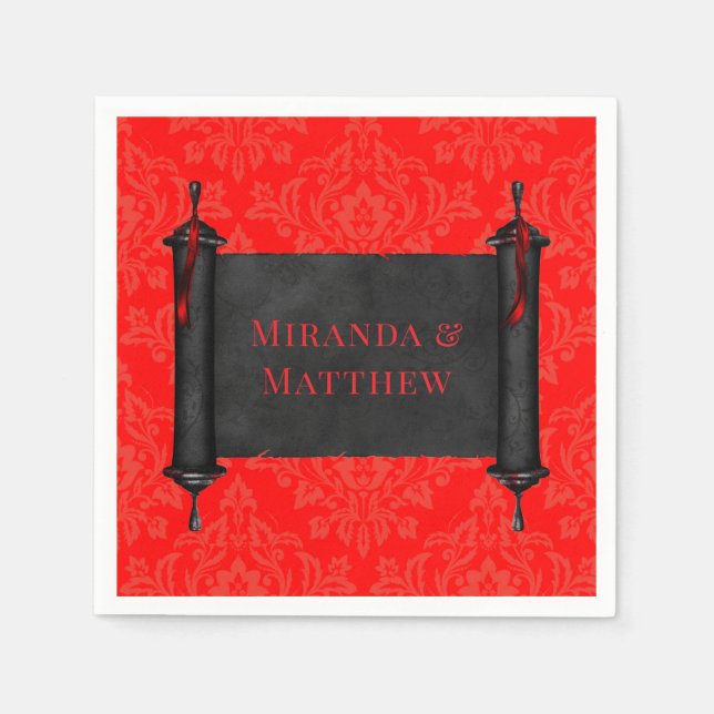 Japanese Scroll Red Black Damask Wedding Napkin (Front)