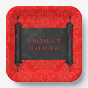 Japanese Scroll Red Black Damask Wedding Paper Plate