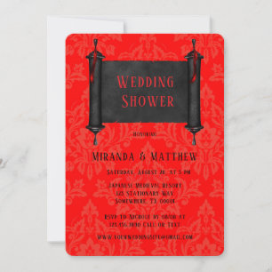 Japanese Scroll Red Black Damask Wedding Shower Invitation