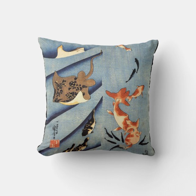 Japanese Sea Life, Ancient Japanese art. c. 1800's Cushion (Front)