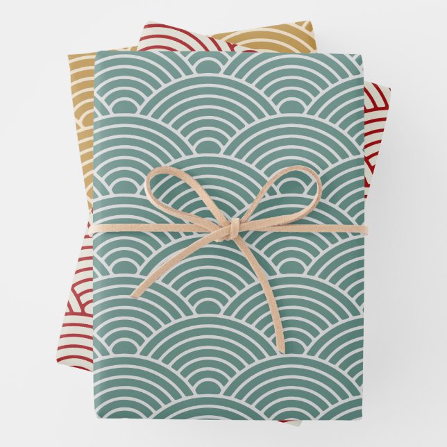 Japanese Seigaiha Wave | Sage Geen, Mustard, Red Wrapping Paper Sheet (In situ)