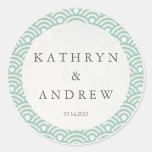 Japanese Seigaiha Waves Custom Names+Date Wedding Classic Round Sticker