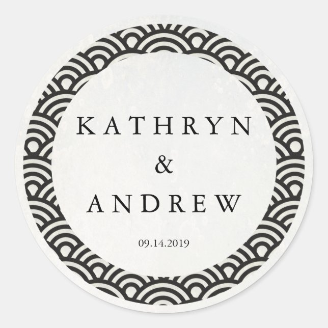 Japanese Seigaiha Waves Custom Names+Date Wedding Classic Round Sticker (Front)