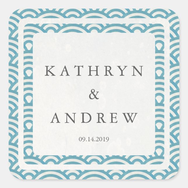 Japanese Seigaiha Waves Custom Names+Date Wedding Square Sticker (Front)