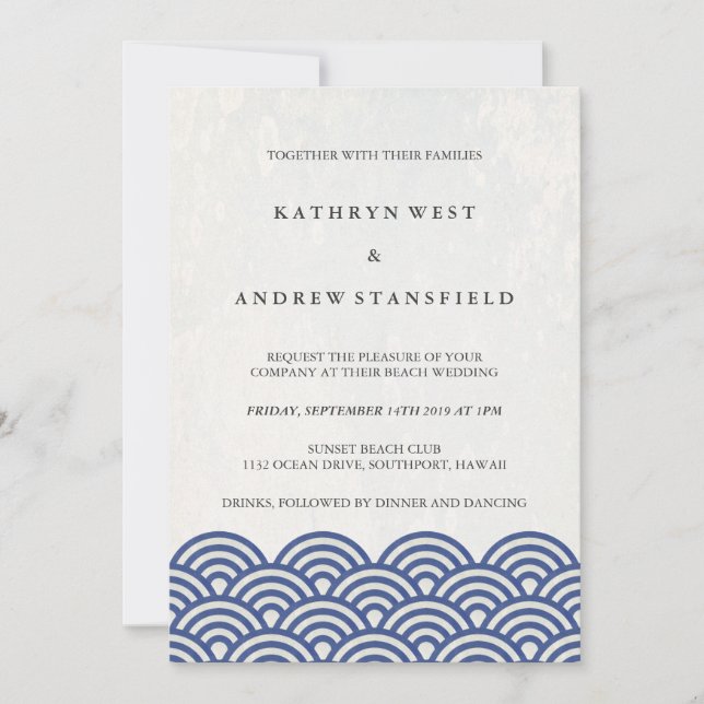 Japanese Seigaiha Waves Elegant Beach Wedding Invitation (Front)