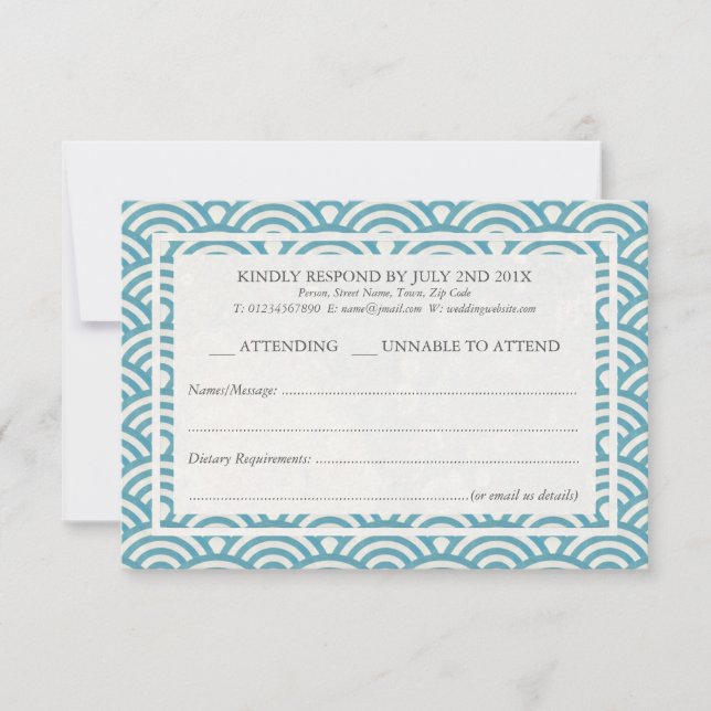 Japanese Seigaiha Waves Elegant Beach Wedding RSVP (Front)
