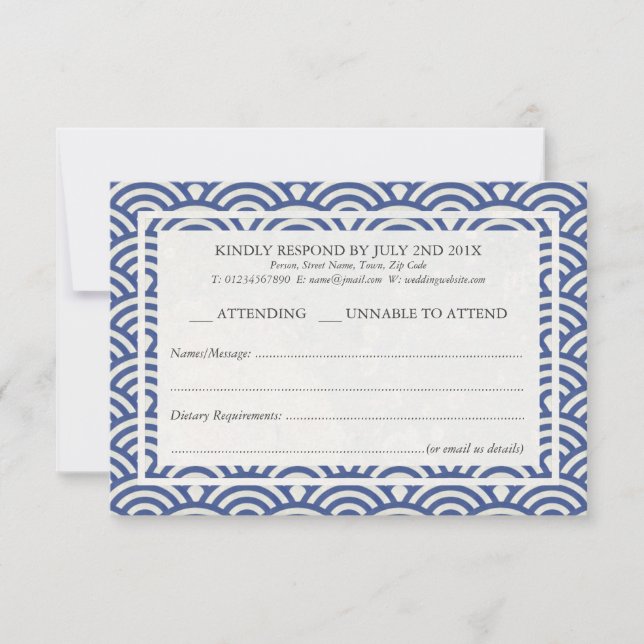 Japanese Seigaiha Waves Elegant Beach Wedding RSVP Card (Front)