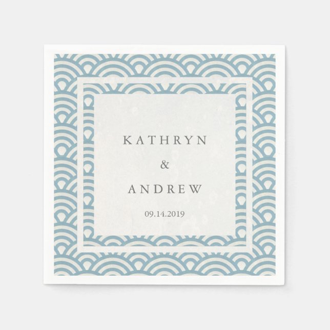 Japanese Seigaiha Waves Elegant Light Blue + White Napkin (Front)