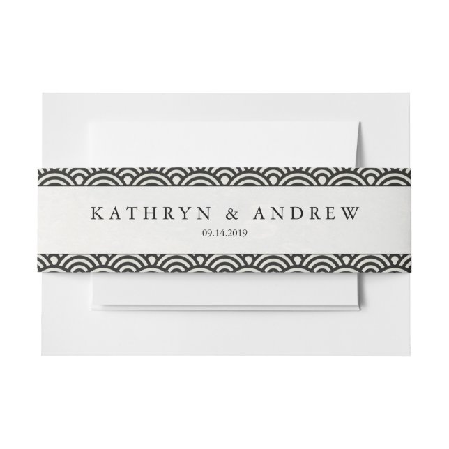 Japanese Seigaiha Waves Modern Black+White Wedding Invitation Belly Band (Front Example)