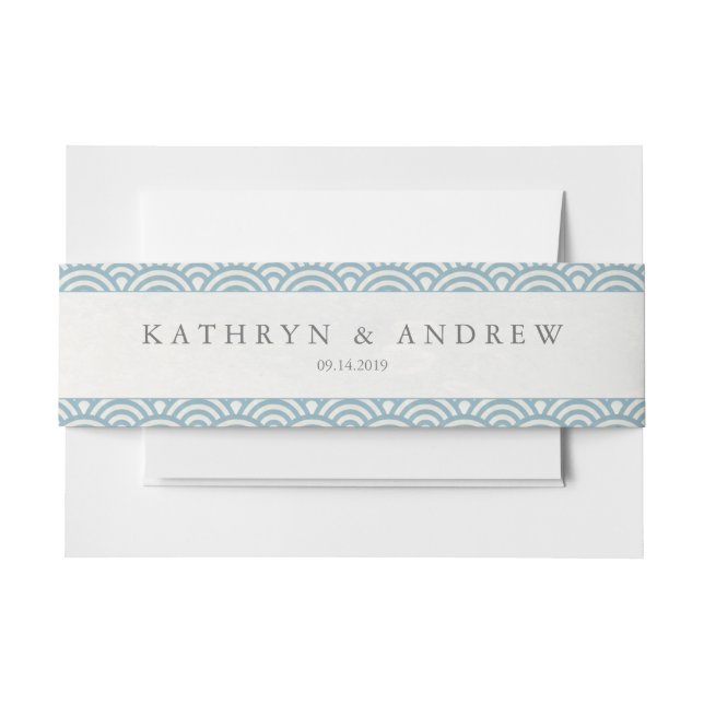 Japanese Seigaiha Waves Modern Blue+White Wedding Invitation Belly Band (Front Example)
