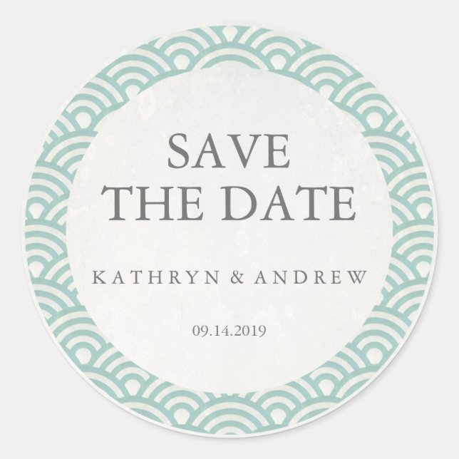 Japanese Seigaiha Wedding Save the Date or Custom Classic Round Sticker (Front)