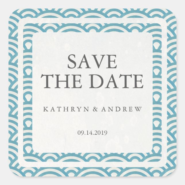 Japanese Seigaiha Wedding Save the Date or Custom Square Sticker (Front)